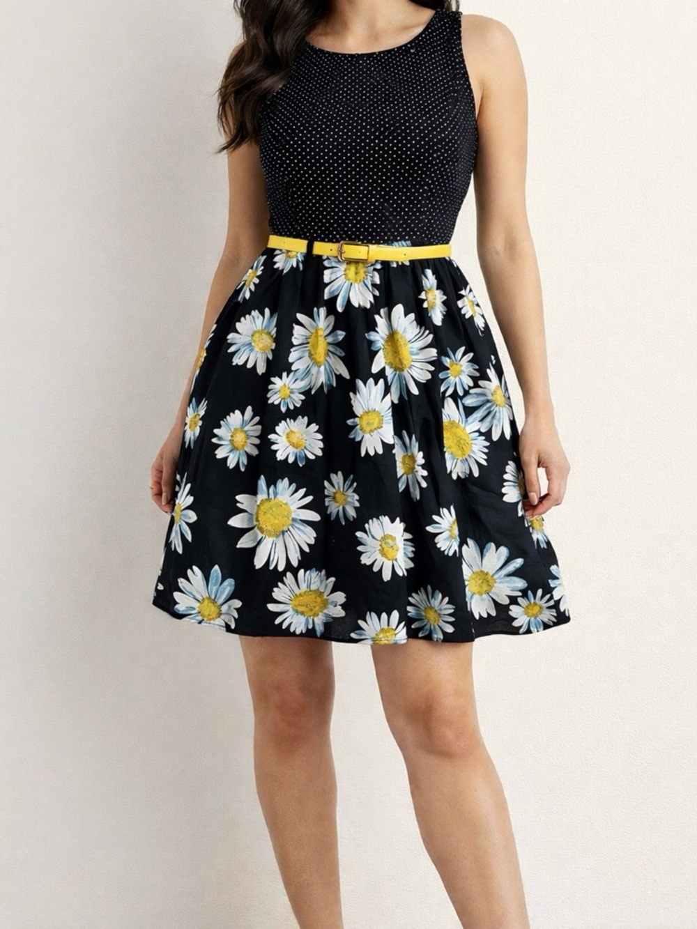 Ruby Rox Black Polka Dot Daisy Fit & Flare Dress With Yellow Belt Size 11
